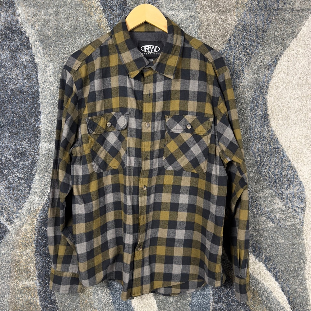 Vintage Rugged Wear Flannel Shirt‎ Mens L Olive Grey Plaid Gorpcore Workwear